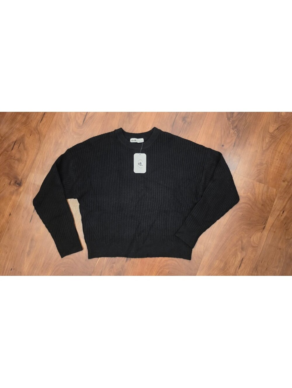 Elodie NWT Black Ribbed Knit Crewneck Cropped Sweater - Women's Size L,326
